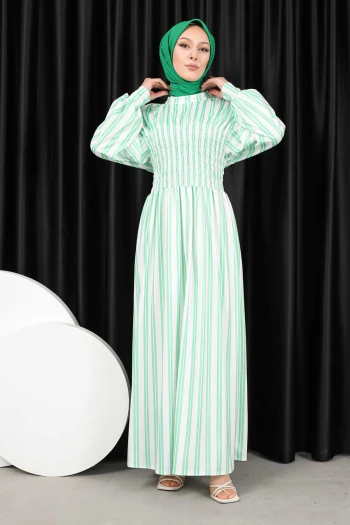 Yeşil Gipeli Çizgili Elbise