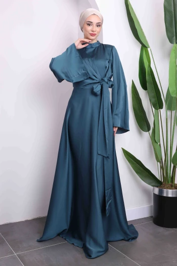 Yeşil Ön Bağlamlı Kol Volanlı Saten Abiye