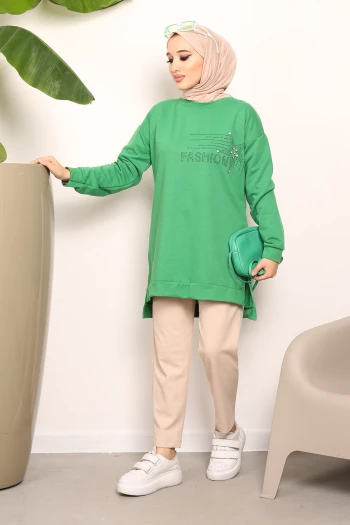 Yeşil Taşlı İki İplik Sweatshirt