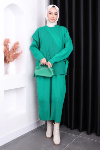 Yeşil Tek Omuz Süveterli Triko Elbise