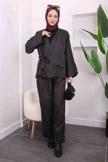 Antrasit Yan Bağlamalı Cepli Kimono Pantolon Takım