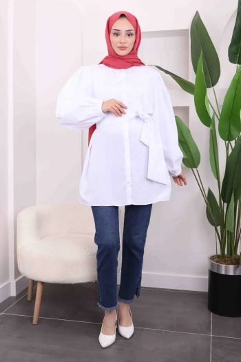 Beyaz Bel Kuşaklı Tunik