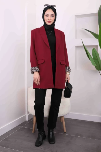 Bordo Kruvaze Yaka Cepli Blazer Ceket