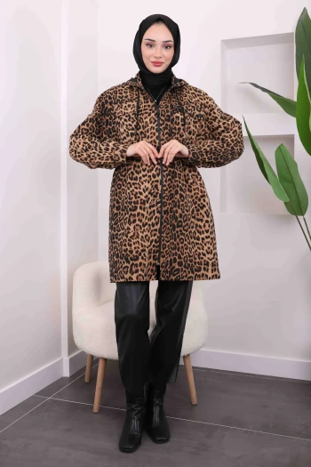 Camel Bel Büzgülü Kapüşonlu Leopar Trenç