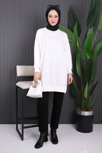 Ekru Bisiklet Yaka Yan Yırtmaçlı Sweat