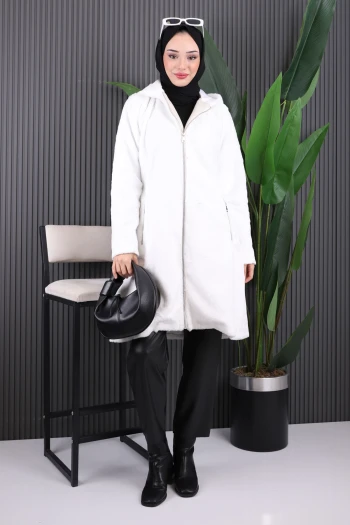 Ekru Kapüşonlu Angora Kaban