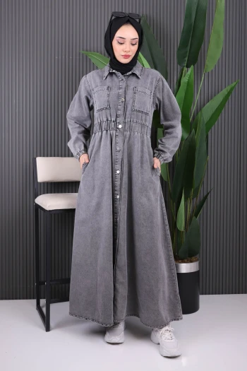 Füme Bel Lastikli Düğmeli Kot Elbise