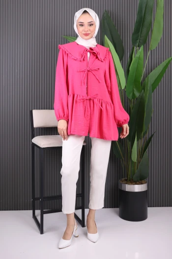 Fuşya Bebe Yaka Ön Bağlamalı Keten Kimono