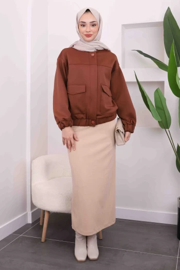 Kahverengi Ön Fermuarlı Cepli Scuba Ceket