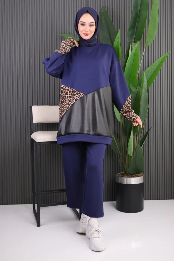 Lacivert Deri Garnili Modal Tunik Pantolonlu Takım