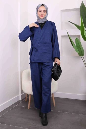 Lacivert Yan Bağlamalı Cepli Kimono Pantolon Takım