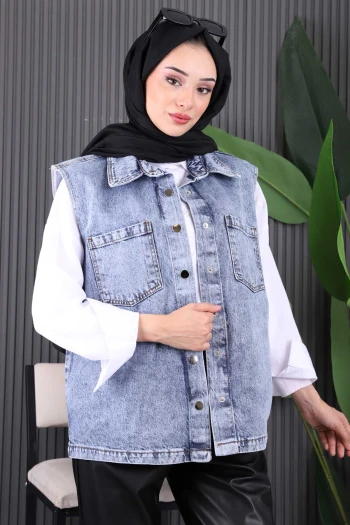 Mavi Cepli Önü Çıtlı Kot Yelek