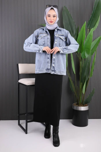 Mavi Nakış İşlemeli Kot Ceket