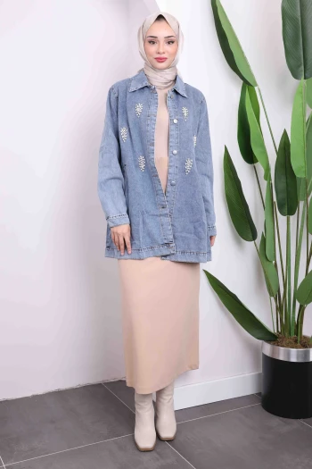 Mavi Taşlı Detaylı Kot Ceket