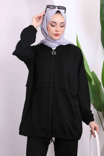 Siyah Kapüşonlu İki İplik Tunik Pantolon Takım