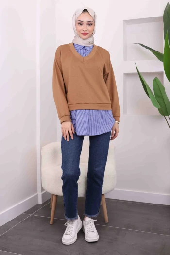 Taba Çizgili Garnili Modal Gömlek Kombin