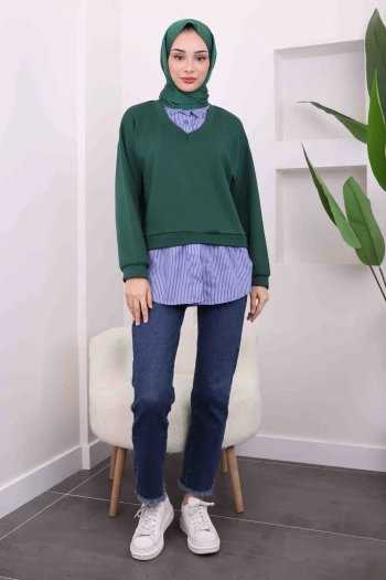 Zümrüt Yeşili Çizgili Garnili Modal Gömlek Kombin