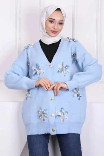Bebe Mavi Çiçek Detaylı Triko Hırka