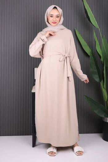 Bej Bel Kuşaklı Yarasa Kol Salaş Elbise