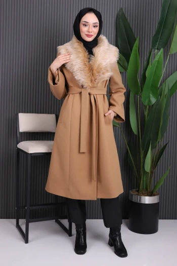Camel Yaka Kürklü Kaşe Kaban