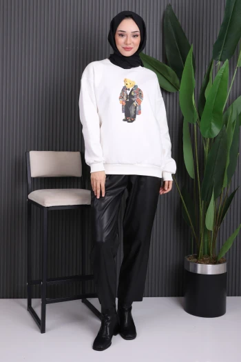 Ekru Ön Baskılı Üç İplik Sweat