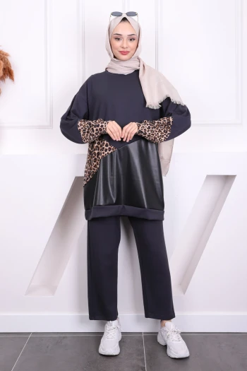 Füme Deri Garnili Modal Tunik Pantolonlu Takım