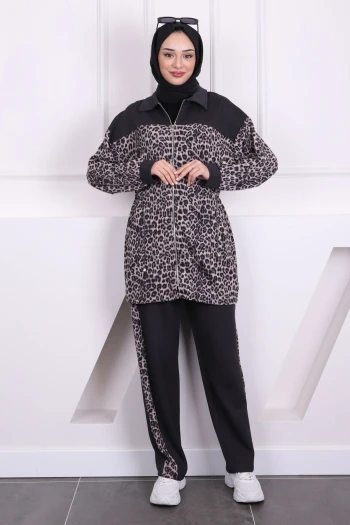 Füme Gri Bel Büzgülü Modal Tunik Pantolonlu Takım