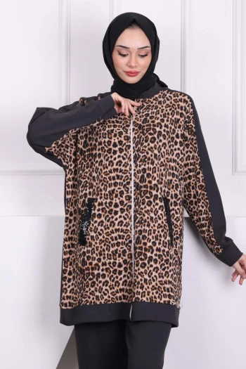 Füme Payetli Leopar Modal Tunik Pantolonlu