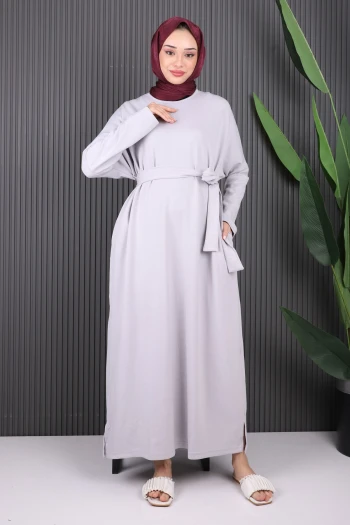 Gri Bel Kuşaklı Yarasa Kol Salaş Elbise