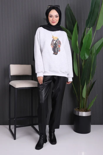Gri Ön Baskılı Üç İplik Sweat