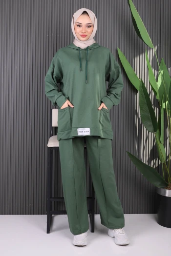 Haki Önü Etiketli İki İplik Tesettür Takım