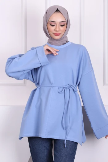 İndigo Dikiş Detaylı Yanları Yırtmaçlı Sweatshirt