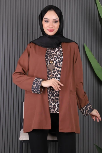 Kahverengi İçlik Kolye Ceket Üçlü Kombin Takım