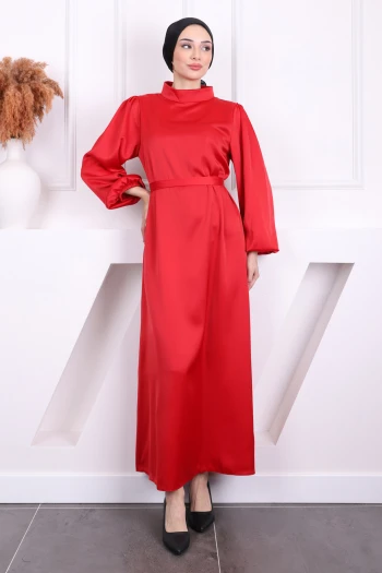 Kırmızı Hakim Yaka Balon Kol Saten Abiye Elbise