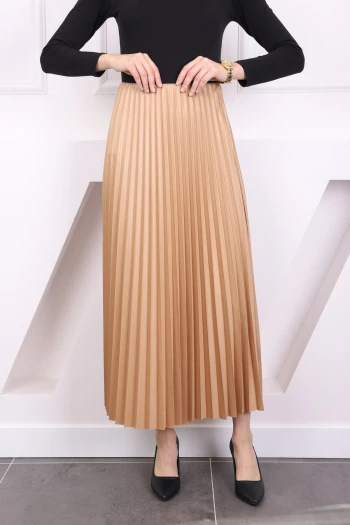 Koyu Bej Deri Görünümlü Piliseli Etek