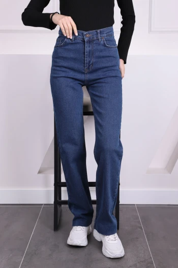 Koyu Mavi Yüksek Bel Kesik Paça Palazzo Kot Pantolon