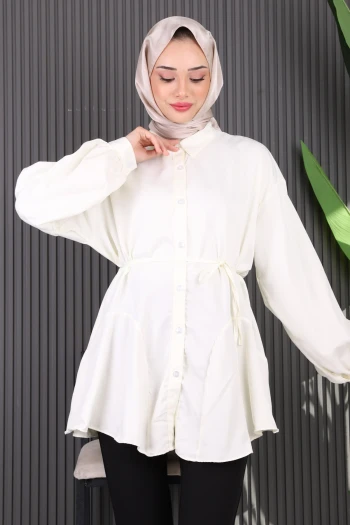 Krem Beli İpli Saten Tunik
