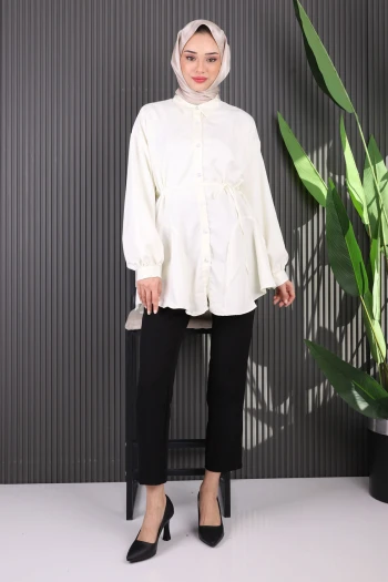 Krem Beli İpli Saten Tunik