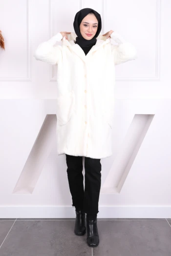 Krem Kapüşonlu Angora Kaban