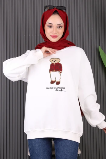 Krem Nakış İşlemeli Üç İplik Sweat