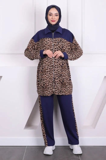 Lacivert Bel Büzgülü Modal Tunik Pantolonlu Takım