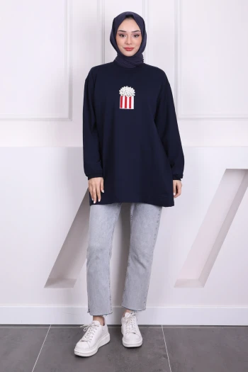 Lacivert Ön Detaylı Modal Sweatshirt
