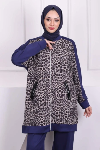 Lacivert / Gri Payetli Leopar Modal Tunik Pantolonlu