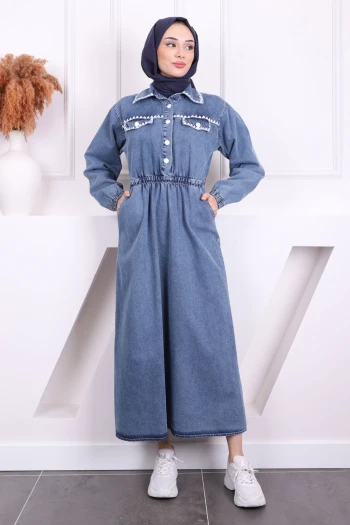 Mavi Nakışlı Cepli Kot Elbise