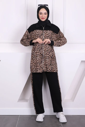 Siyah Bel Büzgülü Modal Tunik Pantolonlu Takım