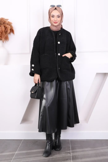 Siyah Cepli Düğmeli Peluş Ceket