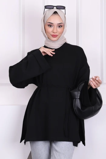 Siyah Dikiş Detaylı Yanları Yırtmaçlı Sweatshirt
