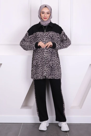 SİYAH GRİ Bel Büzgülü Modal Tunik Pantolonlu Takım