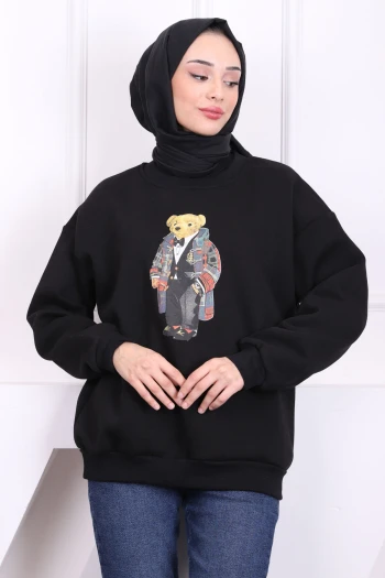 Siyah Ön Baskılı Üç İplik Sweat