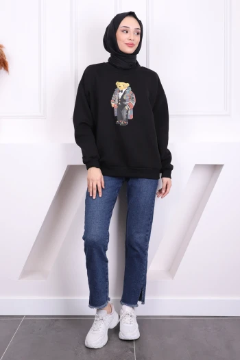 Siyah Ön Baskılı Üç İplik Sweat